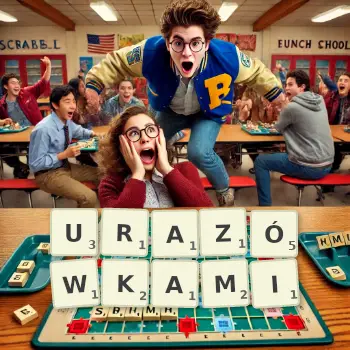 Kreatywna ilustracja do gry w Scrabble ze słowem URAZÓWKAMI ułożonym z płytek na planszy.