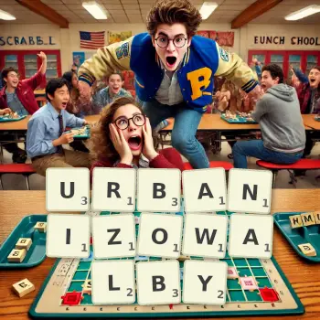 Kreatywna ilustracja do gry w Scrabble ze słowem URBANIZOWALBY ułożonym z płytek na planszy.