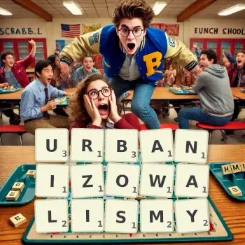 Kreatywna ilustracja do gry w Scrabble ze słowem URBANIZOWALISMY ułożonym z płytek na planszy.