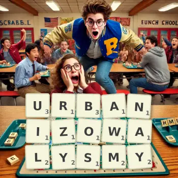 Kreatywna ilustracja do gry w Scrabble ze słowem URBANIZOWALYSMY ułożonym z płytek na planszy.