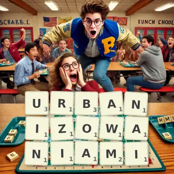 Kreatywna ilustracja do gry w Scrabble ze słowem URBANIZOWANIAMI ułożonym z płytek na planszy.