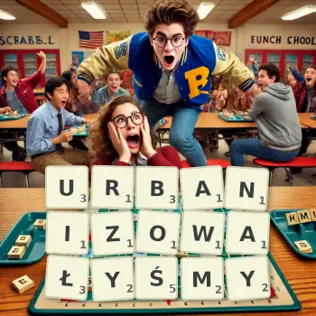 Kreatywna ilustracja do gry w Scrabble ze słowem URBANIZOWAŁYŚMY ułożonym z płytek na planszy.