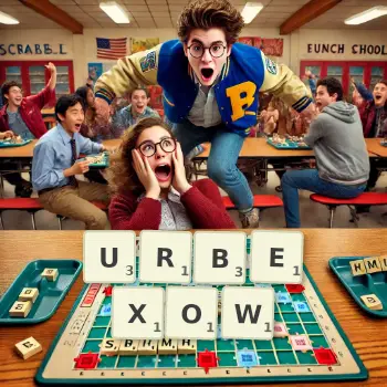 Kreatywna ilustracja do gry w Scrabble ze słowem URBEXOW ułożonym z płytek na planszy.