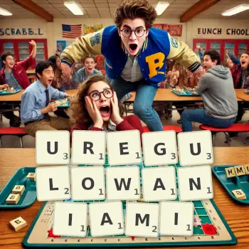 Kreatywna ilustracja do gry w Scrabble ze słowem UREGULOWANIAMI ułożonym z płytek na planszy.