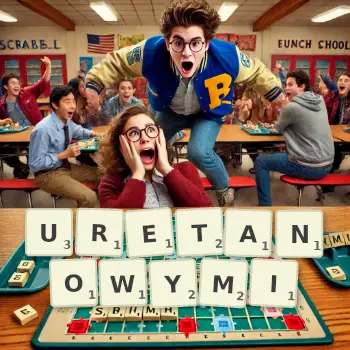 Kreatywna ilustracja do gry w Scrabble ze słowem URETANOWYMI ułożonym z płytek na planszy.