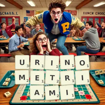 Kreatywna ilustracja do gry w Scrabble ze słowem URINOMETRIAMI ułożonym z płytek na planszy.