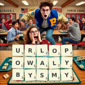 Kreatywna ilustracja do gry w Scrabble ze słowem URLOPOWALYBYSMY ułożonym z płytek na planszy.