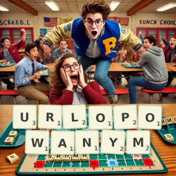 Kreatywna ilustracja do gry w Scrabble ze słowem URLOPOWANYM ułożonym z płytek na planszy.