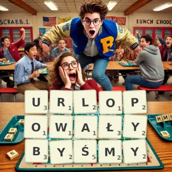 Kreatywna ilustracja do gry w Scrabble ze słowem URLOPOWAŁYBYŚMY ułożonym z płytek na planszy.