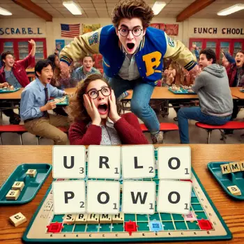 Kreatywna ilustracja do gry w Scrabble ze słowem URLOPOWO ułożonym z płytek na planszy.