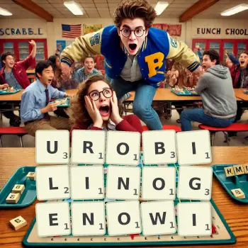 Kreatywna ilustracja do gry w Scrabble ze słowem UROBILINOGENOWI ułożonym z płytek na planszy.