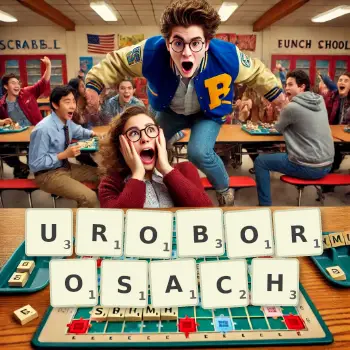 Kreatywna ilustracja do gry w Scrabble ze słowem UROBOROSACH ułożonym z płytek na planszy.