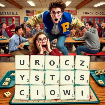 Kreatywna ilustracja do gry w Scrabble ze słowem UROCZYSTOSCIOWI ułożonym z płytek na planszy.