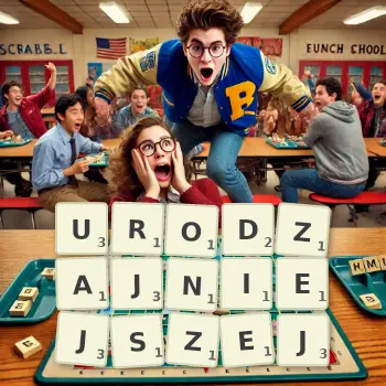 Kreatywna ilustracja do gry w Scrabble ze słowem URODZAJNIEJSZEJ ułożonym z płytek na planszy.