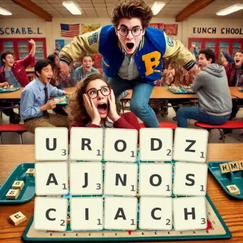 Kreatywna ilustracja do gry w Scrabble ze słowem URODZAJNOSCIACH ułożonym z płytek na planszy.