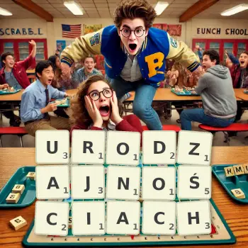 Kreatywna ilustracja do gry w Scrabble ze słowem URODZAJNOŚCIACH ułożonym z płytek na planszy.