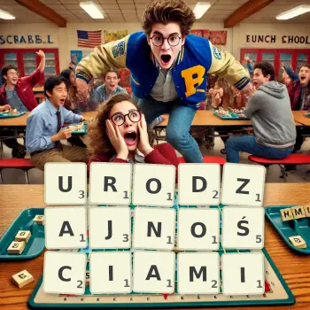 Kreatywna ilustracja do gry w Scrabble ze słowem URODZAJNOŚCIAMI ułożonym z płytek na planszy.