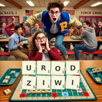 Kreatywna ilustracja do gry w Scrabble ze słowem URODZIWI ułożonym z płytek na planszy.