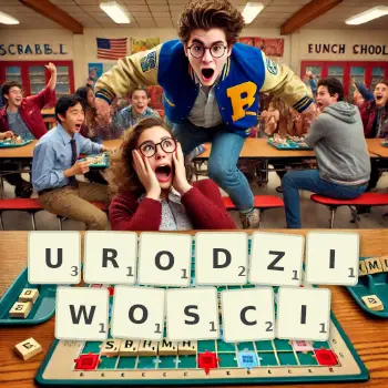 Kreatywna ilustracja do gry w Scrabble ze słowem URODZIWOSCI ułożonym z płytek na planszy.