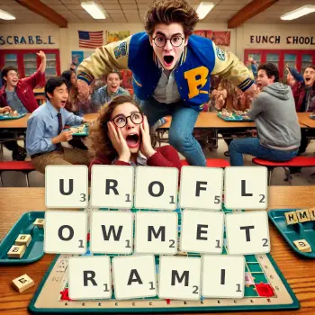 Kreatywna ilustracja do gry w Scrabble ze słowem UROFLOWMETRAMI ułożonym z płytek na planszy.