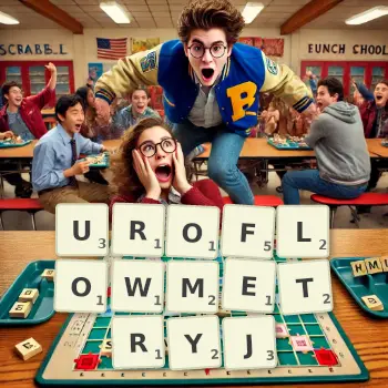 Kreatywna ilustracja do gry w Scrabble ze słowem UROFLOWMETRYJ ułożonym z płytek na planszy.