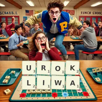 Kreatywna ilustracja do gry w Scrabble ze słowem UROKLIWA ułożonym z płytek na planszy.