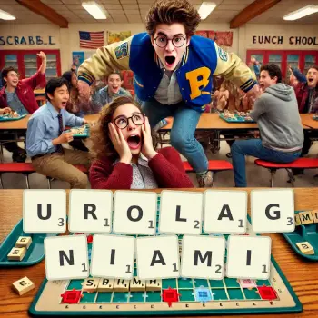 Kreatywna ilustracja do gry w Scrabble ze słowem UROLAGNIAMI ułożonym z płytek na planszy.