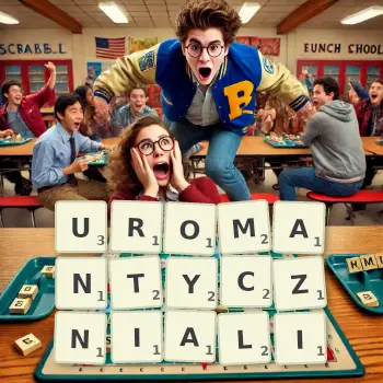 Kreatywna ilustracja do gry w Scrabble ze słowem UROMANTYCZNIALI ułożonym z płytek na planszy.