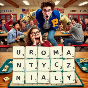 Kreatywna ilustracja do gry w Scrabble ze słowem UROMANTYCZNIALY ułożonym z płytek na planszy.