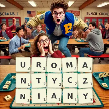 Kreatywna ilustracja do gry w Scrabble ze słowem UROMANTYCZNIANY ułożonym z płytek na planszy.