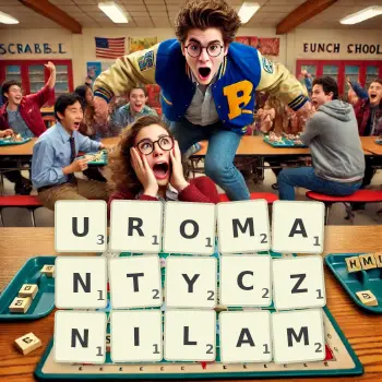 Kreatywna ilustracja do gry w Scrabble ze słowem UROMANTYCZNILAM ułożonym z płytek na planszy.