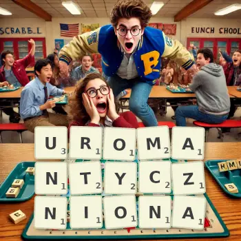 Kreatywna ilustracja do gry w Scrabble ze słowem UROMANTYCZNIONA ułożonym z płytek na planszy.