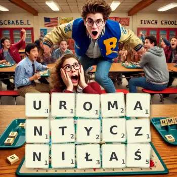 Kreatywna ilustracja do gry w Scrabble ze słowem UROMANTYCZNIŁAŚ ułożonym z płytek na planszy.