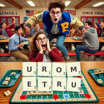 Kreatywna ilustracja do gry w Scrabble ze słowem UROMETRU ułożonym z płytek na planszy.