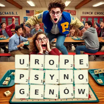 Kreatywna ilustracja do gry w Scrabble ze słowem UROPEPSYNOGENÓW ułożonym z płytek na planszy.