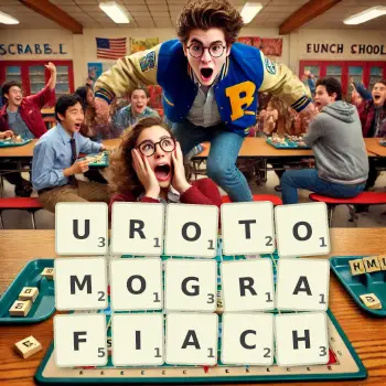 Kreatywna ilustracja do gry w Scrabble ze słowem UROTOMOGRAFIACH ułożonym z płytek na planszy.