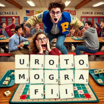 Kreatywna ilustracja do gry w Scrabble ze słowem UROTOMOGRAFII ułożonym z płytek na planszy.