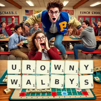 Kreatywna ilustracja do gry w Scrabble ze słowem UROWNYWALBYS ułożonym z płytek na planszy.