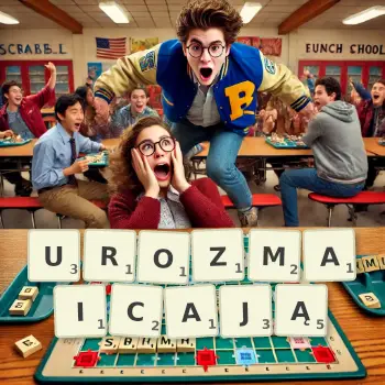 Kreatywna ilustracja do gry w Scrabble ze słowem UROZMAICAJĄ ułożonym z płytek na planszy.
