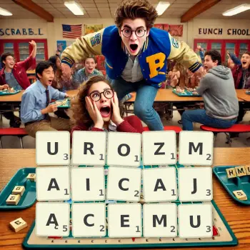 Kreatywna ilustracja do gry w Scrabble ze słowem UROZMAICAJĄCEMU ułożonym z płytek na planszy.