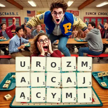 Kreatywna ilustracja do gry w Scrabble ze słowem UROZMAICAJĄCYMI ułożonym z płytek na planszy.