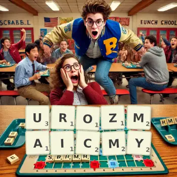 Kreatywna ilustracja do gry w Scrabble ze słowem UROZMAICMY ułożonym z płytek na planszy.