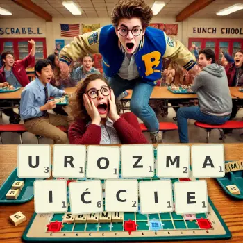 Kreatywna ilustracja do gry w Scrabble ze słowem UROZMAIĆCIE ułożonym z płytek na planszy.
