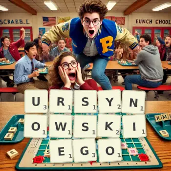 Kreatywna ilustracja do gry w Scrabble ze słowem URSYNOWSKIEGO ułożonym z płytek na planszy.