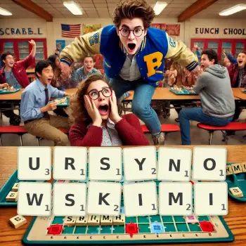 Kreatywna ilustracja do gry w Scrabble ze słowem URSYNOWSKIMI ułożonym z płytek na planszy.