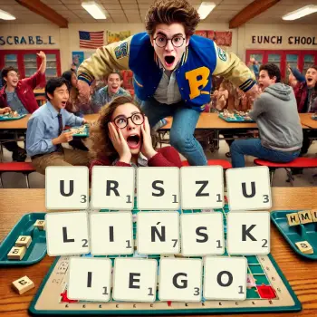 Kreatywna ilustracja do gry w Scrabble ze słowem URSZULIŃSKIEGO ułożonym z płytek na planszy.