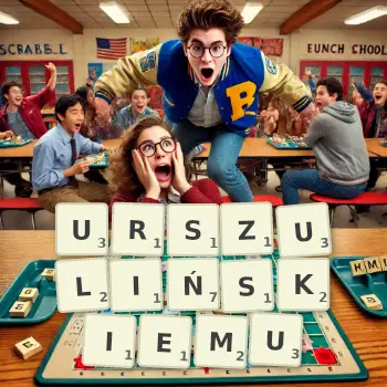 Kreatywna ilustracja do gry w Scrabble ze słowem URSZULIŃSKIEMU ułożonym z płytek na planszy.