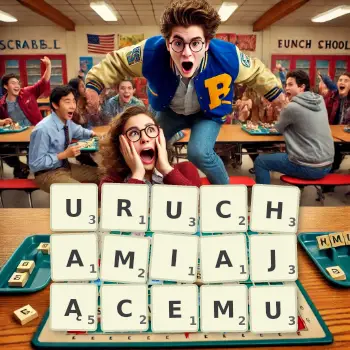 Kreatywna ilustracja do gry w Scrabble ze słowem URUCHAMIAJĄCEMU ułożonym z płytek na planszy.