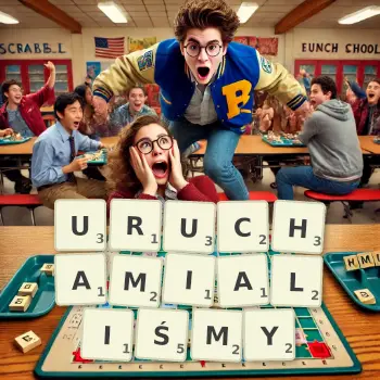 Kreatywna ilustracja do gry w Scrabble ze słowem URUCHAMIALIŚMY ułożonym z płytek na planszy.