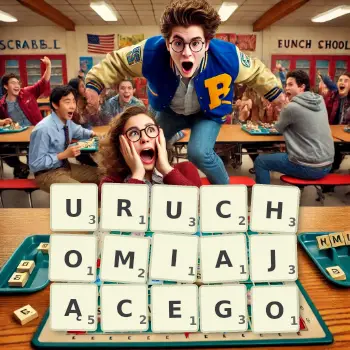 Kreatywna ilustracja do gry w Scrabble ze słowem URUCHOMIAJĄCEGO ułożonym z płytek na planszy.